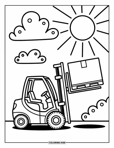 Coloriage de chantier pour enfants : Un petit chariot élévateur soulève une boîte avec un soleil et des nuages joyeux à proximité
