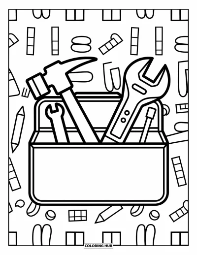 Coloriage de chantier pour enfants : Une boîte à outils ludique avec des outils se trouve parmi des motifs simples