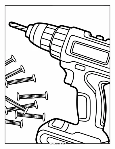 Coloriage de chantier pour enfants : Une perceuse électrique repose sur une table avec des vis disposées de manière ludique autour d’elle