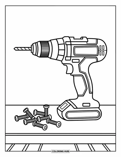 Coloriage de chantier pour enfants : Une perceuse électrique repose hardiment sur une table avec des vis éparpillées autour d’elle