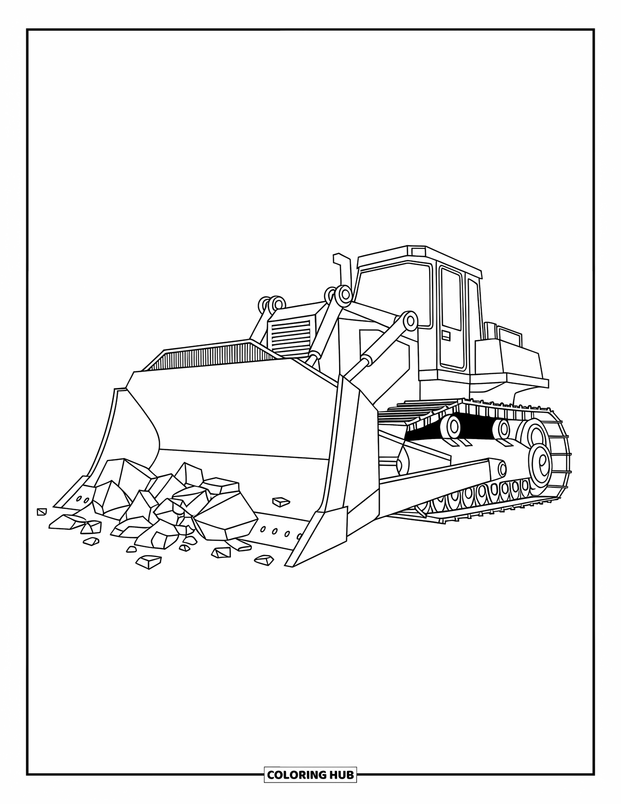 Bouw Kleurplaat voor Kinderen: Een krachtige bulldozer duwt puin over de grond met een soepele beweging