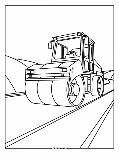 Coloriage de chantier pour enfants : Un rouleau compresseur aplanit la terre avec des courbes joyeuses