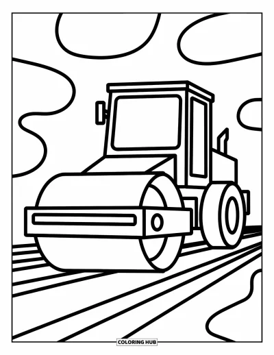 Coloriage de chantier pour enfants : Un rouleau compresseur aplanit le sol sur des motifs ludiques