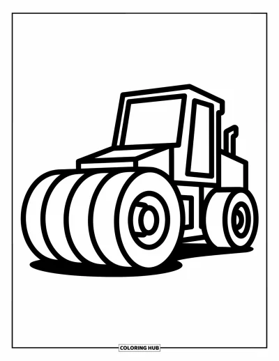 Coloriage de chantier pour enfants : Un rouleau compresseur avance avec de grandes roues rondes