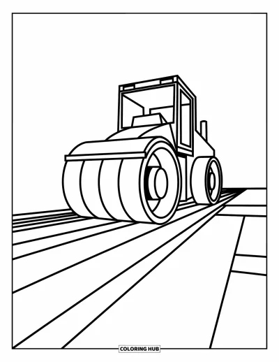 Coloriage de chantier pour enfants : Un rouleau compresseur se dresse avec des lignes et des formes douces