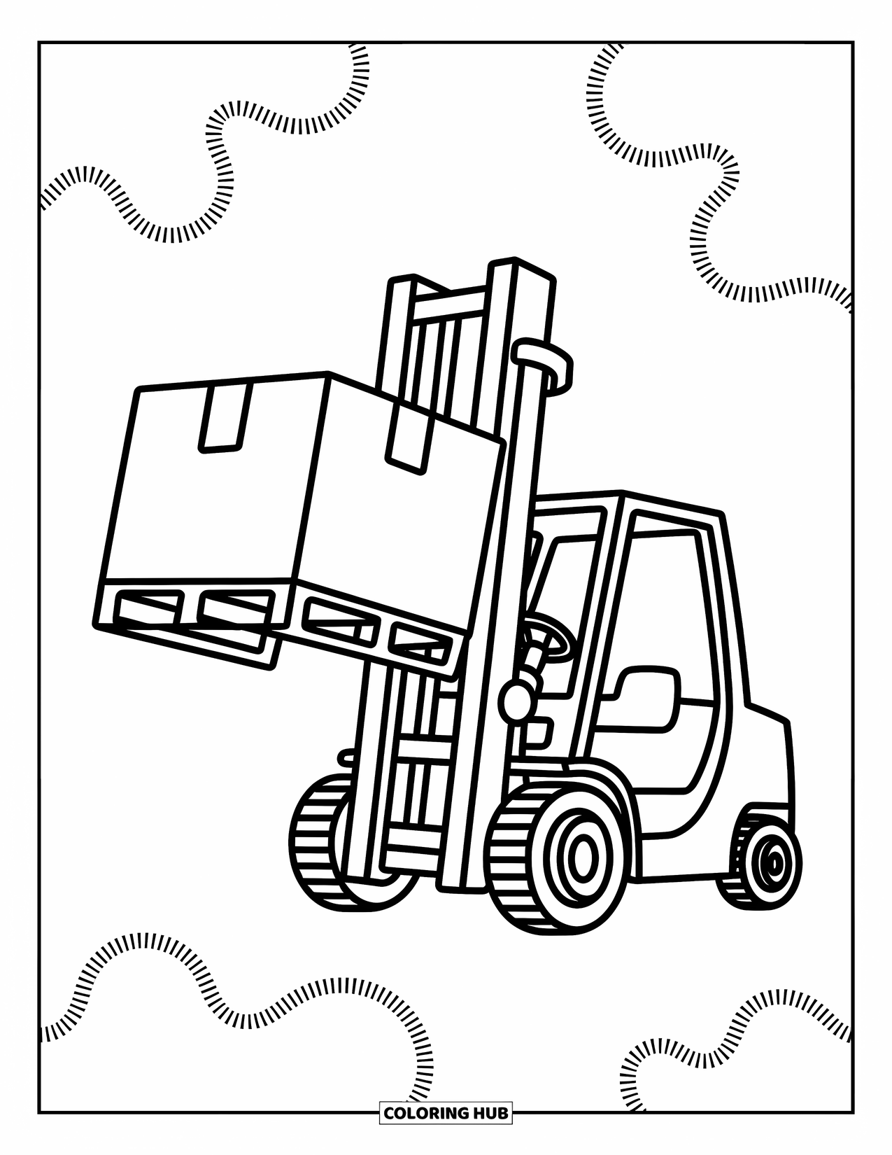 Bouw Kleurplaat voor Kinderen: Een kleine vorkheftruck houdt een doos vast met leuke, speelse patronen op de achtergrond