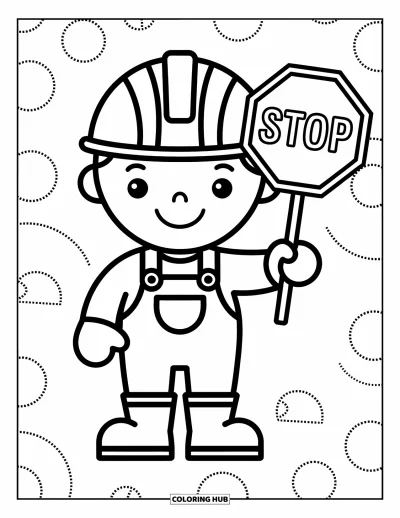 Coloriage de chantier pour enfants : Un ouvrier de la construction souriant tient un panneau d’arrêt avec des motifs ludiques autour