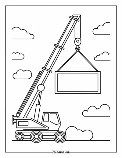 Coloriage de chantier pour enfants : Une grande grue soulève un gros bloc avec un crochet clair