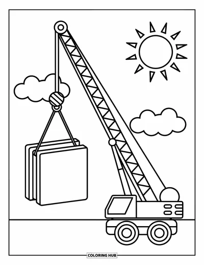 Coloriage de construction pour enfants : Une grande grue soulève un bloc sous des nuages joyeux