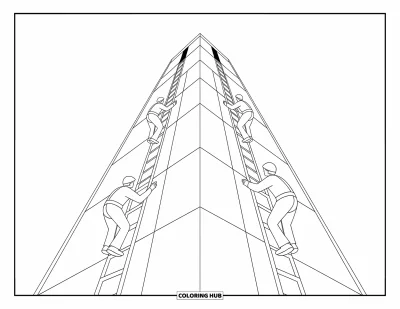 Coloriage de chantier pour enfants : Une haute structure avec des ouvriers grimpant des échelles côte à côte