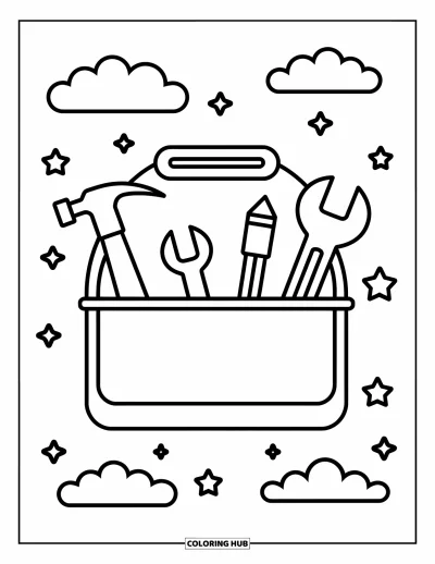 Coloriage de chantier pour enfants : Une boîte à outils avec des outils se trouve sous des nuages doux et des étoiles ludiques