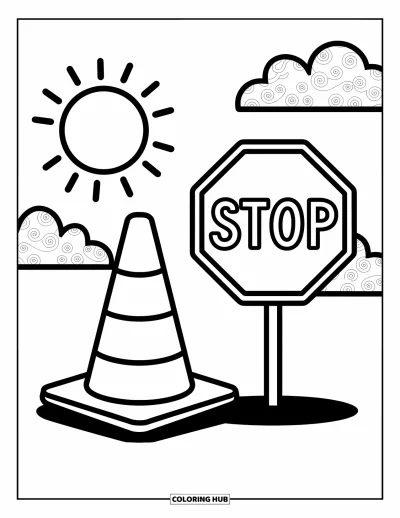 Coloriage de chantier pour enfants : Un cône de signalisation et un panneau d’arrêt sous un ciel ensoleillé