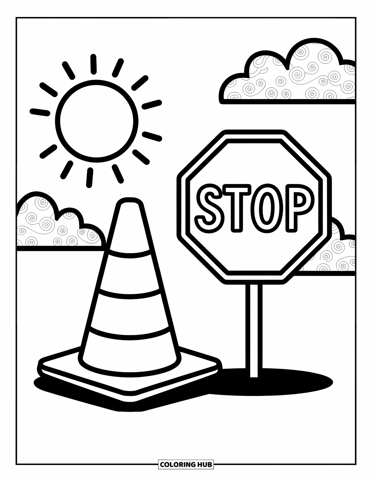 Bouw Kleurplaat voor Kinderen: Een verkeerskegel en stopbord onder een zonnige hemel