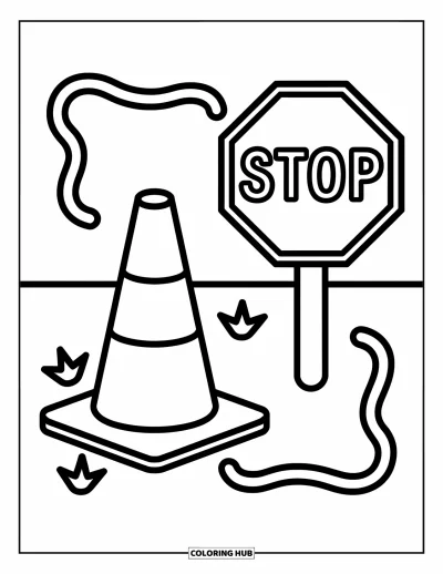 Coloriage de chantier pour enfants : Un cône de signalisation et un panneau d’arrêt se tiennent ensemble