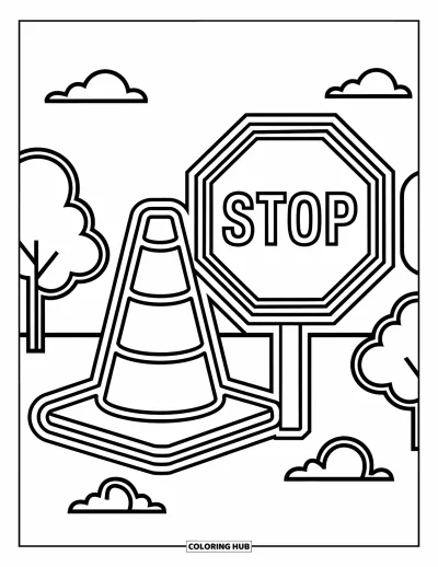 Coloriage de construction pour enfants : Un cône de signalisation et un panneau d’arrêt avec des nuages légers