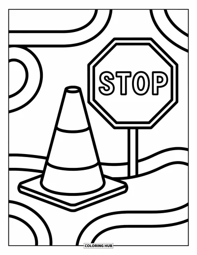 Coloriage de chantier pour enfants : Un cône de signalisation à côté d’un panneau d’arrêt, simple et amusant