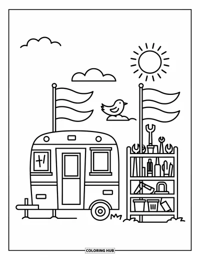 Coloriage de chantier pour enfants : Une remorque avec des drapeaux et un oiseau sur le poteau est placée sous un soleil et des nuages ludiques