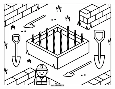 Coloriage de chantier pour enfants : Une tranchée avec des barres d’armature et des outils est surveillée par un petit ouvrier en gilet de sécurité