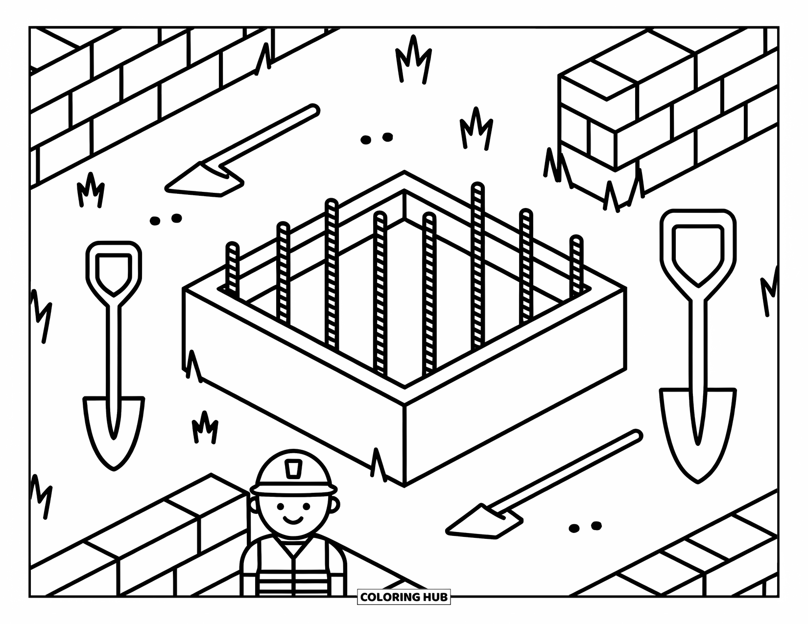 Bouw Kleurplaat voor Kinderen: Een sleuf met wapening en gereedschap wordt bekeken door een kleine werker in een veiligheidsvest