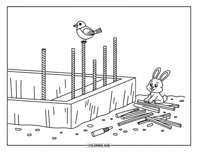 Coloriage de chantier pour enfants : Une tranchée avec des barres d’armature et des outils à proximité a un oiseau ludique et un lapin curieux qui regardent