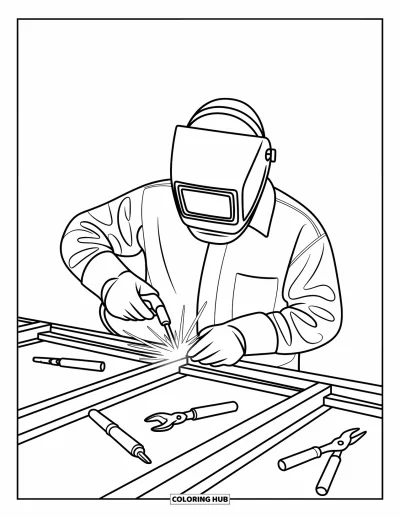 Coloriage de chantier pour enfants : Un soudeur en équipement de protection travaille sur des poutres d’acier avec des étincelles tout autour