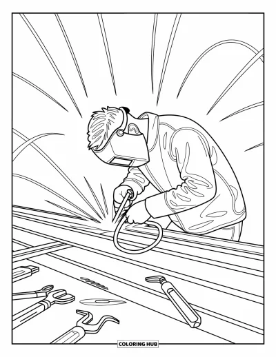 Coloriage de chantier pour enfants : Un soudeur travaille avec des mains fermes alors que des étincelles illuminent la zone
