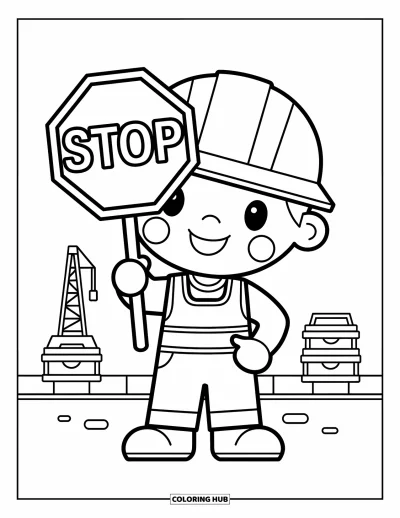 Coloriage de chantier pour enfants : Un ouvrier avec un panneau d’arrêt se tient près d’une grue et de boîtes à outils