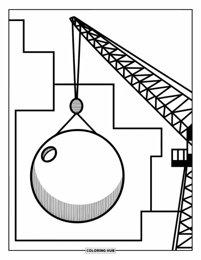 Coloriage de chantier pour enfants : Une boule de démolition se balance d’une grande grue avec des formes ludiques en arrière-plan