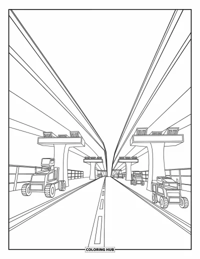 Coloriage de chantier pour enfants : Une route surélevée prend forme avec des poutres et des machines autour d’elle