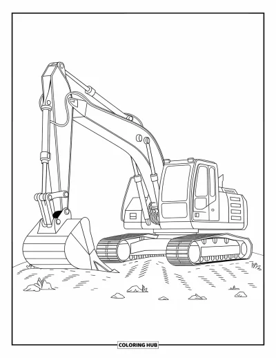 Coloriage de chantier pour enfants : Une excavatrice creuse dans le sol avec de la terre, des roches et des plantes autour d’elle