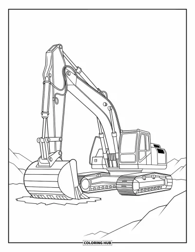 Coloriage de construction pour enfants : Une excavatrice creuse le sol avec des tas de terre qui l’entourent