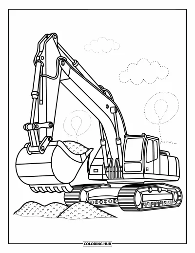 Coloriage de chantier pour enfants : Une excavatrice creuse avec des lignes ludiques et simples
