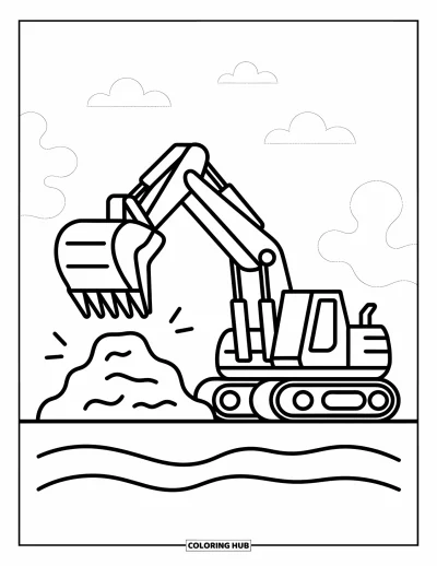 Coloriage de chantier pour enfants : Une excavatrice soulève de la terre près de douces collines