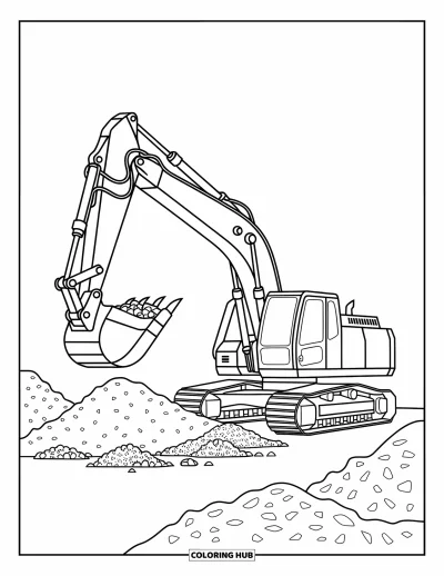 Coloriage de chantier pour enfants : Une excavatrice ramasse de la terre avec de petits tas de terre et de roches à côté