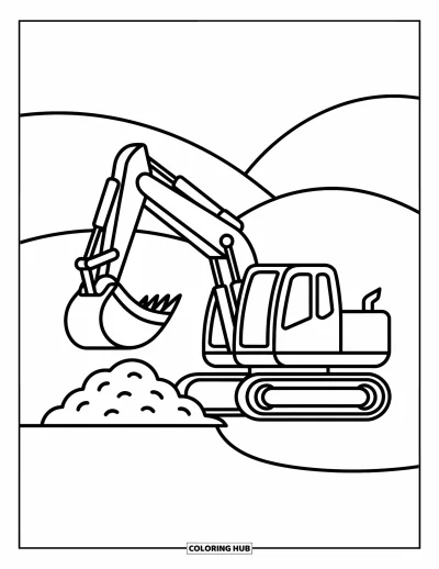 Coloriage de chantier pour enfants : Une excavatrice ramasse de la terre avec un grand godet