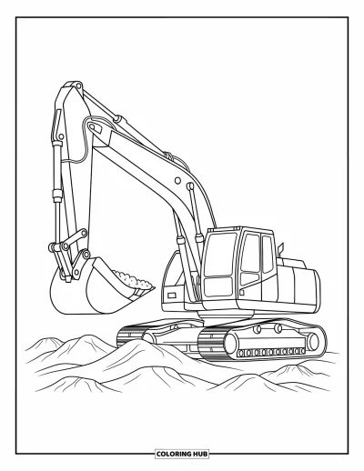 Coloriage de chantier pour enfants : Une excavatrice ramasse de la terre avec des pistes claires et de petits monticules à proximité