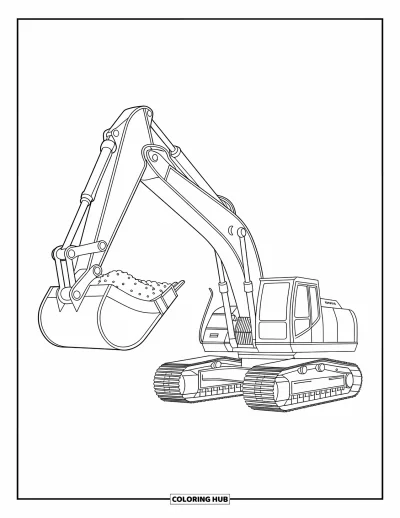 Coloriage de chantier pour enfants : Une excavatrice avec un grand godet et des lignes courbes