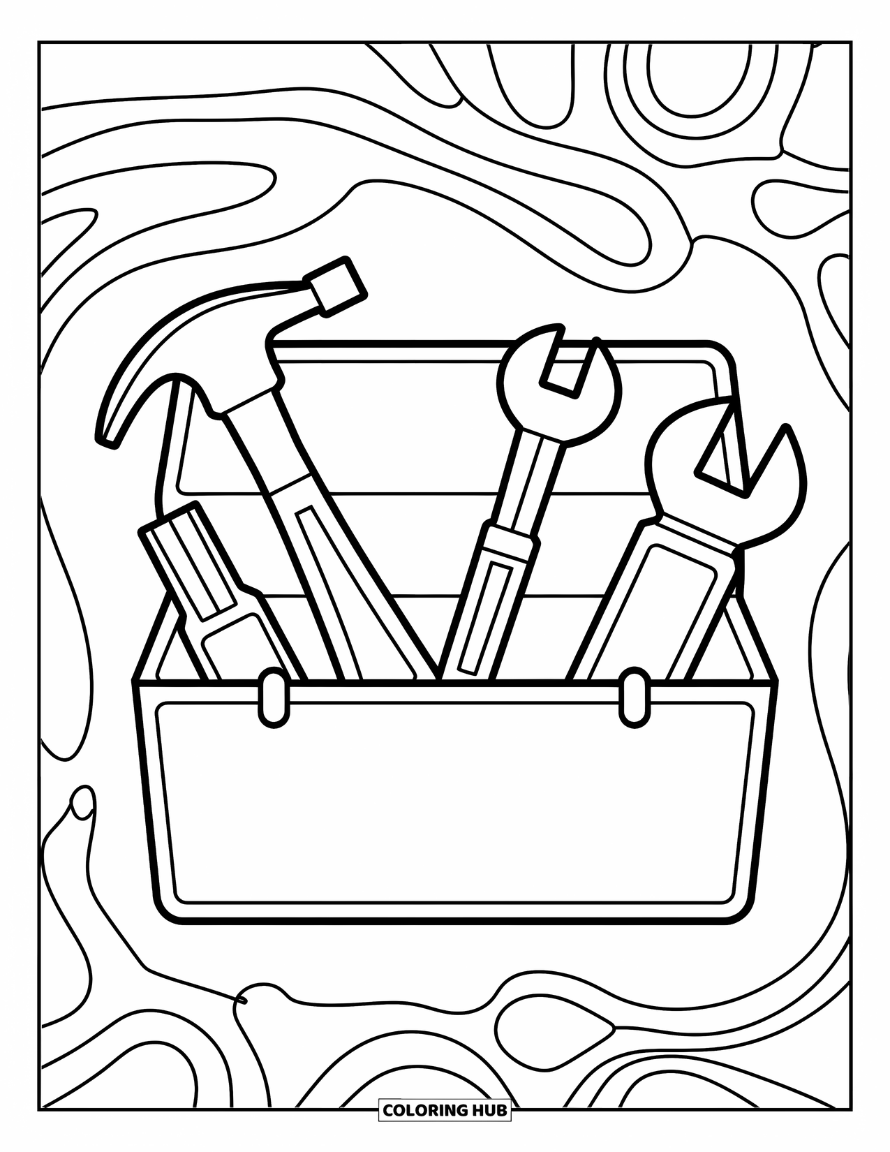 Bouw Kleurplaat voor Kinderen: Een open gereedschapskist met speels gerangschikt gereedschap nodigt uit tot creativiteit