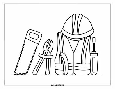 Coloriage de chantier pour enfants : De gros outils de construction et un casque reposent ensemble avec des formes simples et ludiques