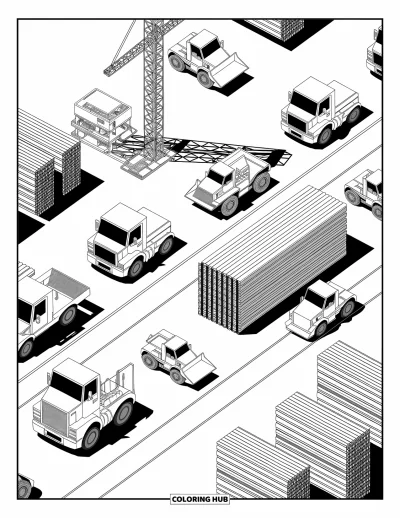Coloriage de chantier pour enfants : Des bulldozers et des grues se dressent parmi le bois d’œuvre et les poutres métalliques dans la cour