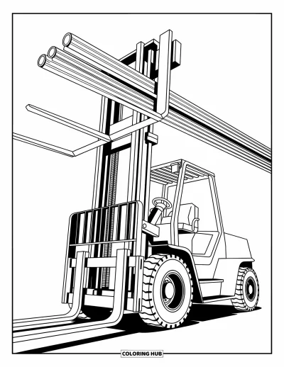 Coloriage de construction pour enfants : Chariot élévateur transportant des tiges métalliques avec des courbes lisses et élégantes