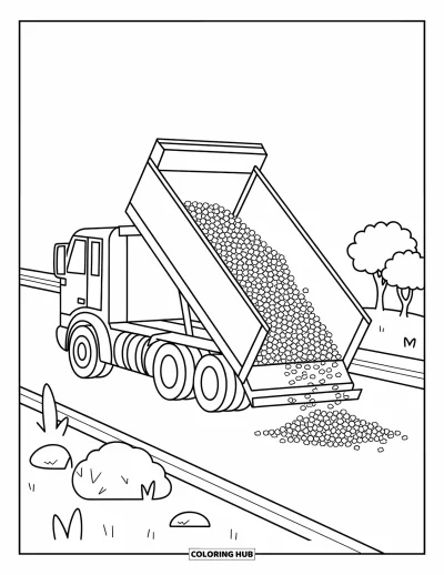 Coloriage de chantier pour enfants : Du gravier se déverse d’un camion à benne basculante sur la route avec des roches et un petit arbre