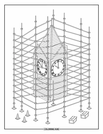 Coloriage de chantier pour enfants : Des échafaudages enveloppent une tour d’horloge avec des poutres, des planches et des cônes de sécurité en dessous