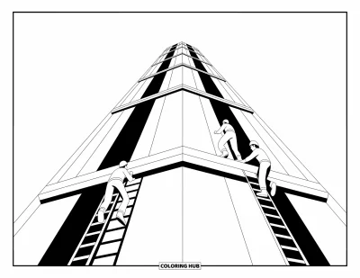 Coloriage de chantier pour enfants : Trois ouvriers montent des échelles sur une haute structure élégante