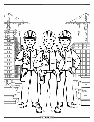 Coloriage de chantier pour enfants : Trois ouvriers tiennent des talkies-walkies entourés d’échafaudages et de matériaux de construction