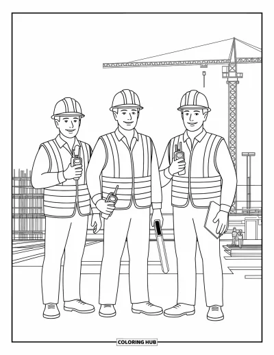 Coloriage de chantier pour enfants : Trois ouvriers se tiennent fièrement sur le site avec des grues et des outils autour d’eux