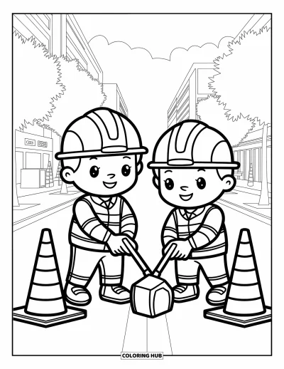 Coloriage de construction pour enfants : Deux ouvriers joyeux utilisent un marteau-piqueur près de cônes de sécurité et de panneaux