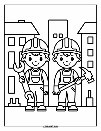 Coloriage de chantier pour enfants : Deux ouvriers joyeux avec des outils et des formes douces