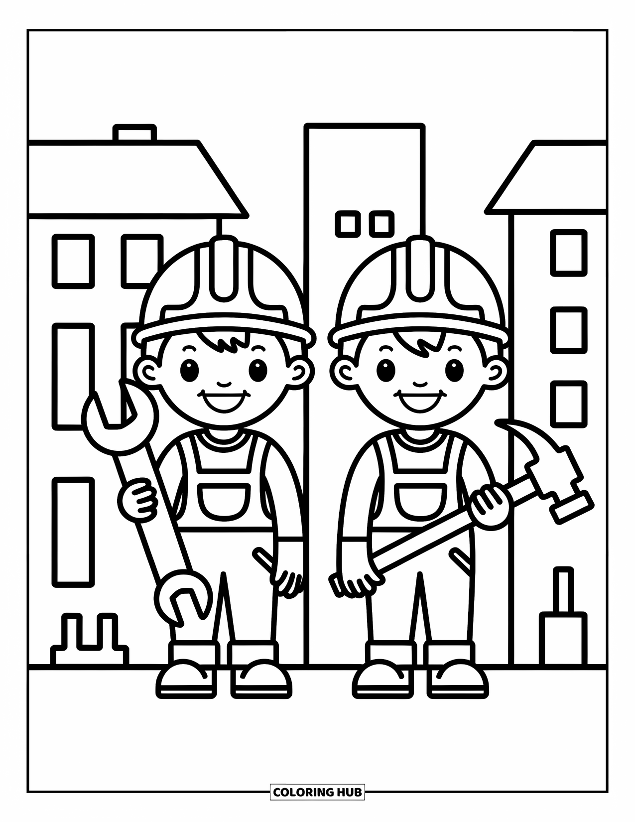 Bouw Kleurplaat voor Kinderen: Twee vrolijke werkers met gereedschap en zachte vormen