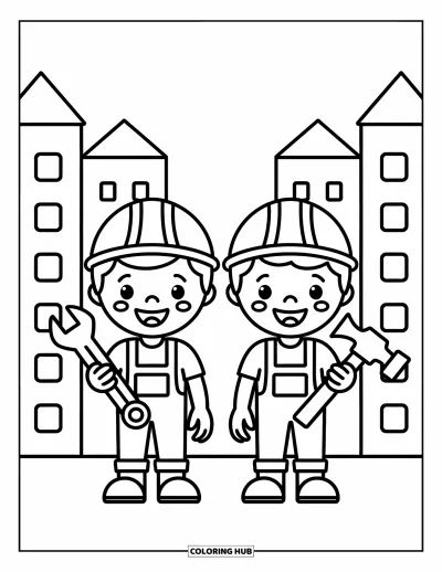 Coloriage de chantier pour enfants : Deux ouvriers heureux tiennent une clé et un marteau